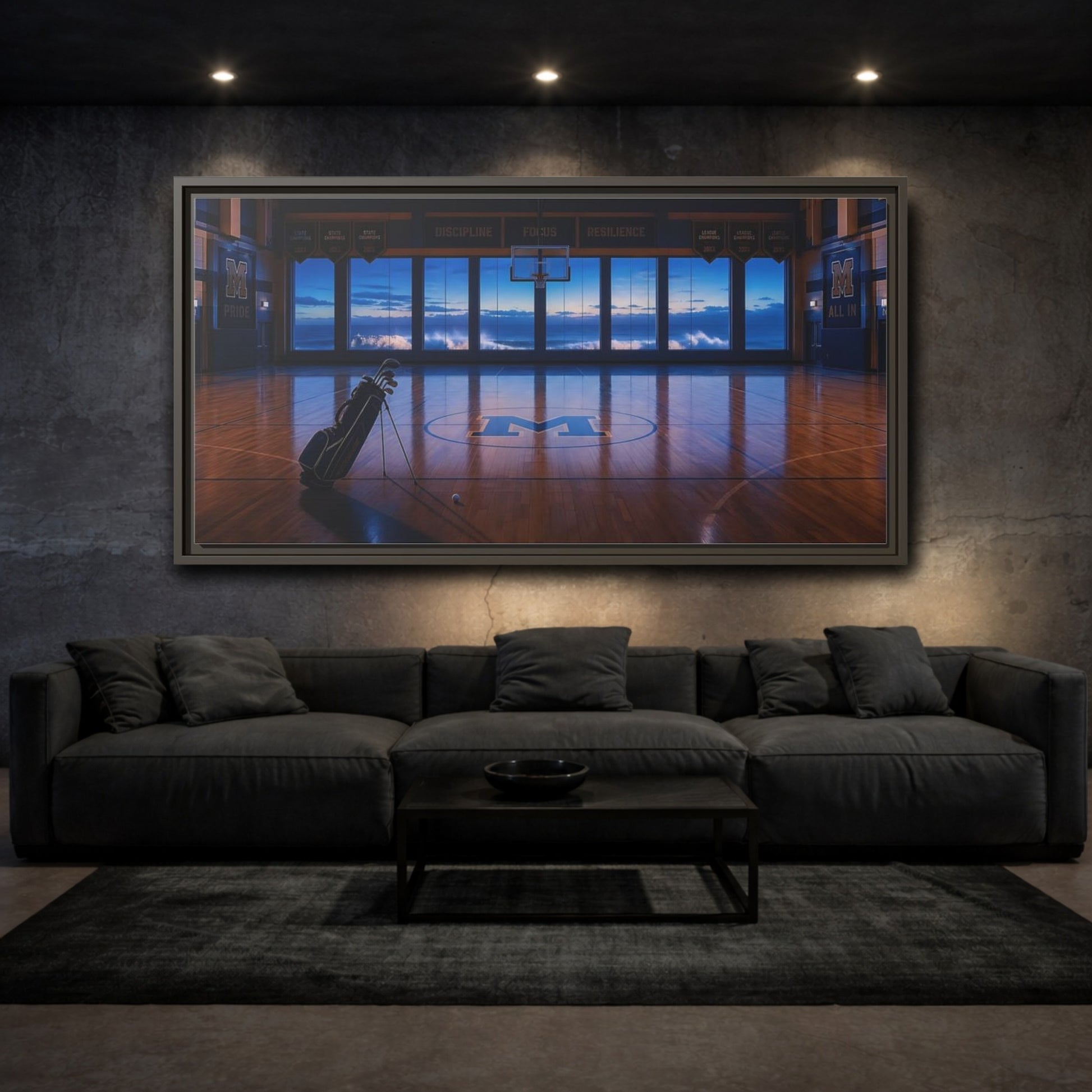 Mockup 3. Seaside Court At Dusk shown as framed canvas print