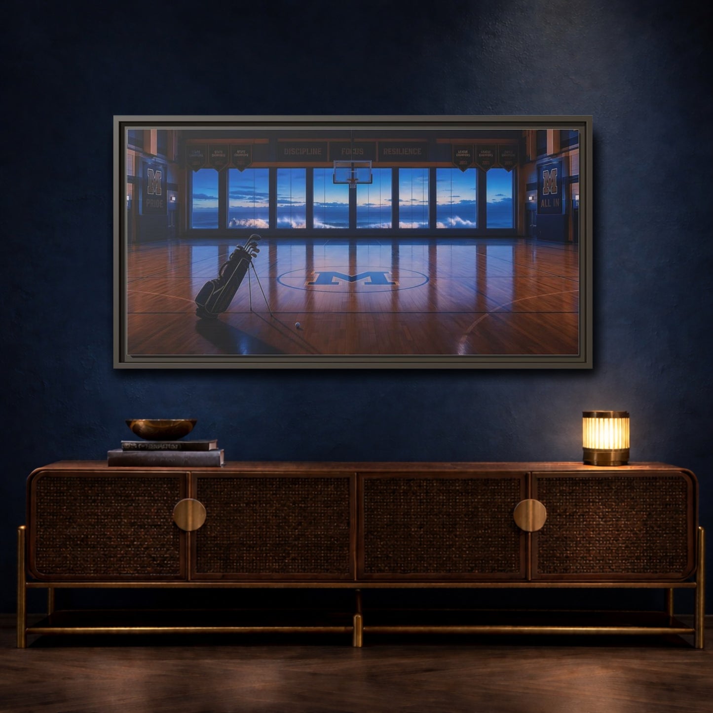 Mockup 4. Seaside Court At Dusk shown as framed canvas print
