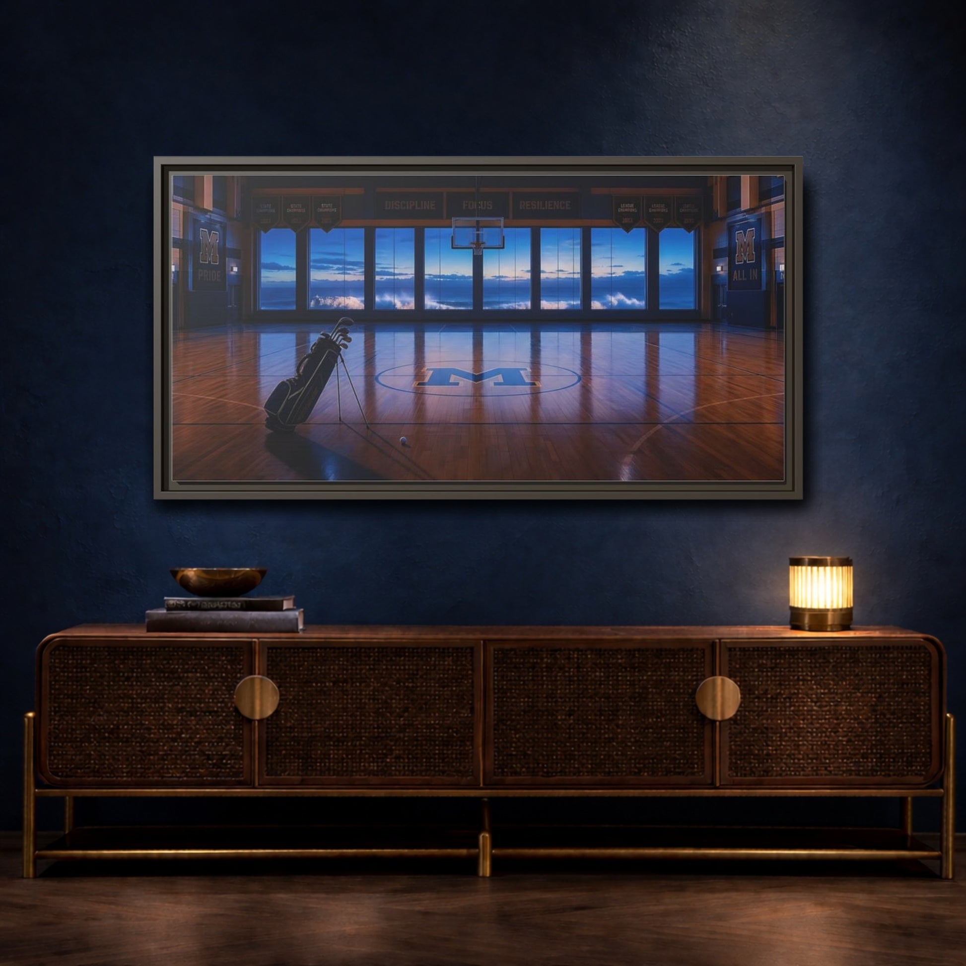 Mockup 4. Seaside Court At Dusk shown as framed canvas print