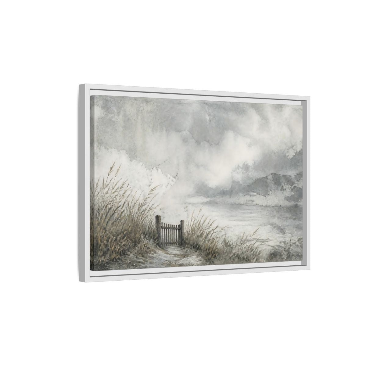 Side Mockup 1. Seaside Gate In Mist shown as framed canvas print