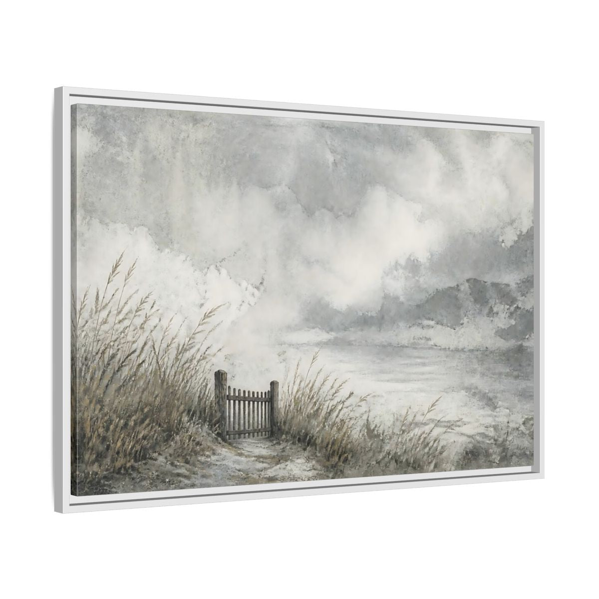 Side Mockup 9. Seaside Gate In Mist shown as framed canvas print