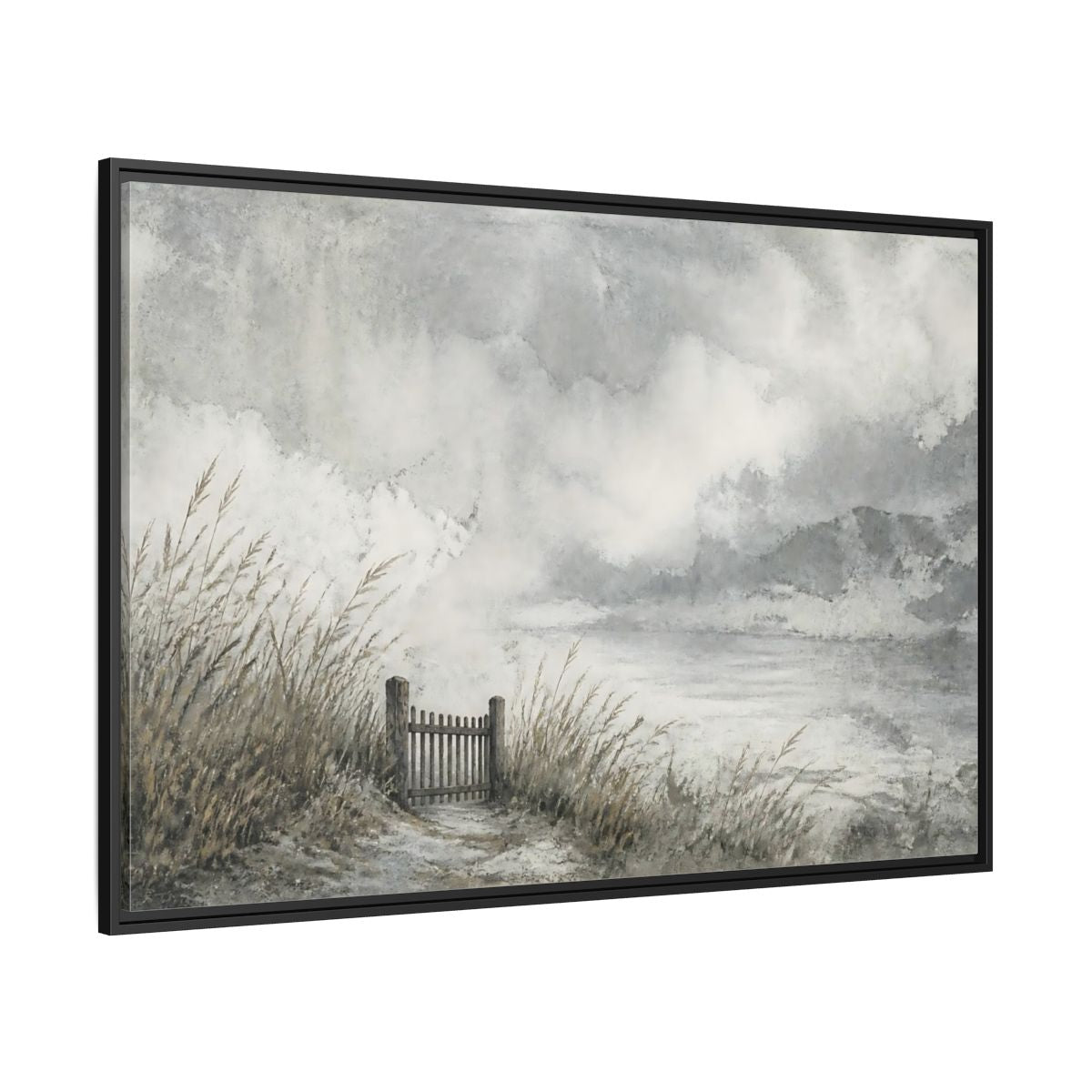 Side Mockup 12. Seaside Gate In Mist shown as framed canvas print