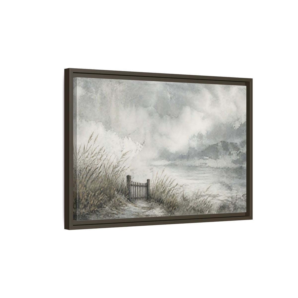 Side Mockup 2. Seaside Gate In Mist shown as framed canvas print