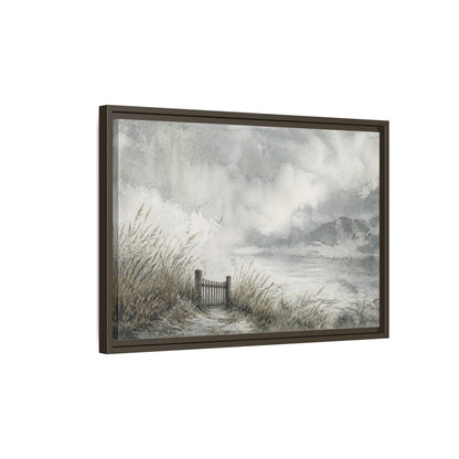 Side Mockup 2. Seaside Gate In Mist shown as framed canvas print