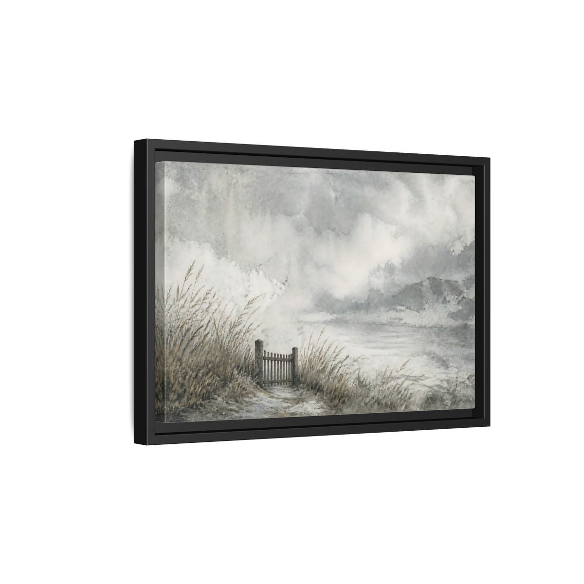 Side Mockup 6. Seaside Gate In Mist shown as framed canvas print