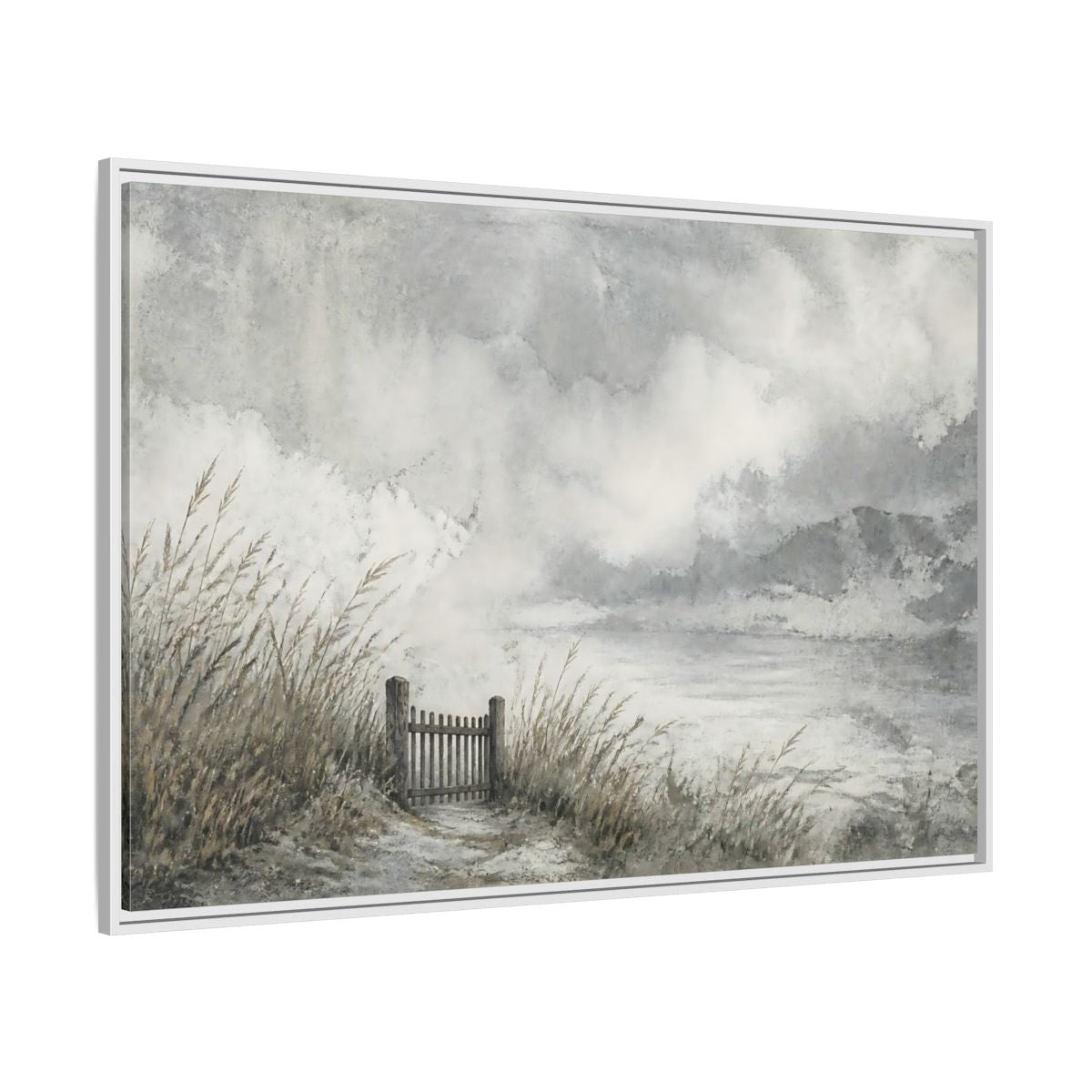 Side Mockup 7. Seaside Gate In Mist shown as framed canvas print