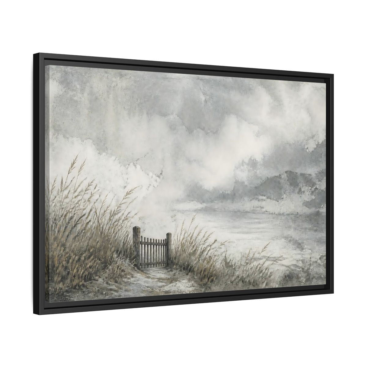 Side Mockup 14. Seaside Gate In Mist shown as framed canvas print