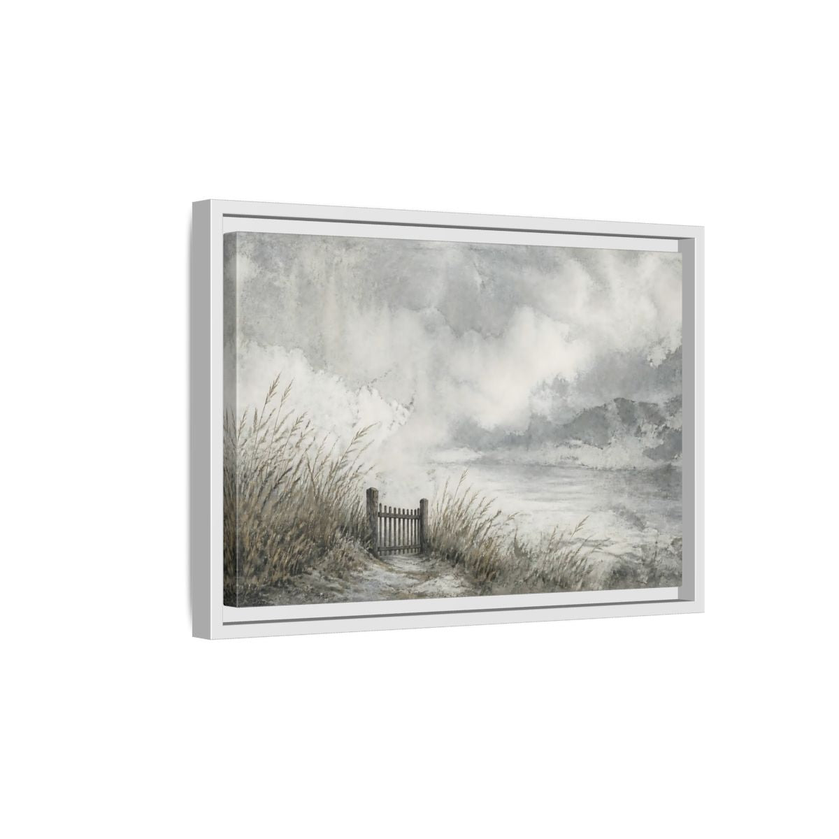 Side Mockup 4. Seaside Gate In Mist shown as framed canvas print
