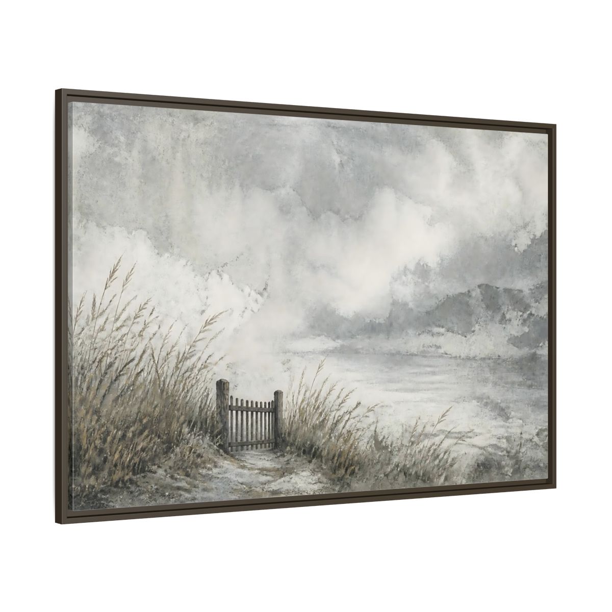 Side Mockup 8. Seaside Gate In Mist shown as framed canvas print