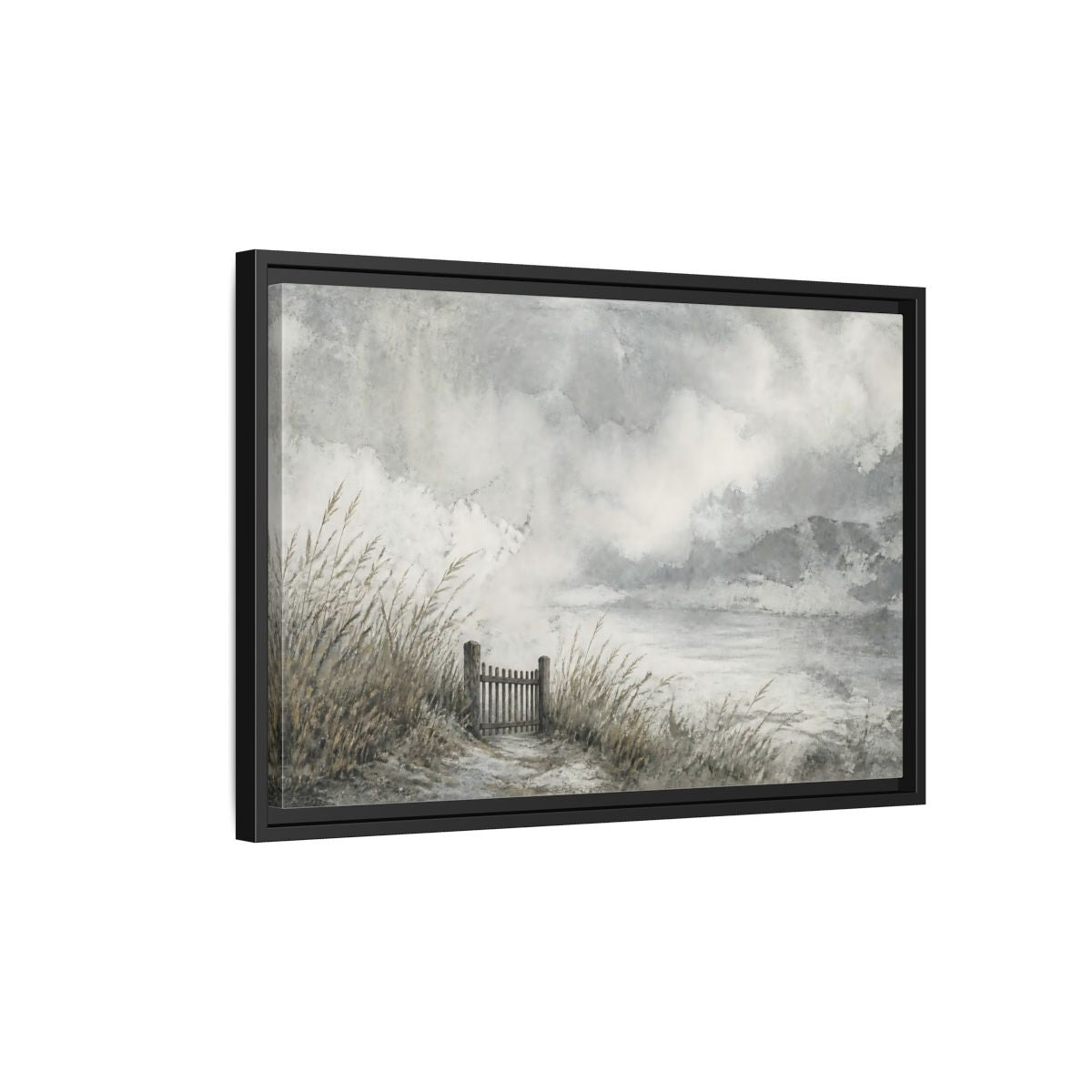 Side Mockup 3. Seaside Gate In Mist shown as framed canvas print