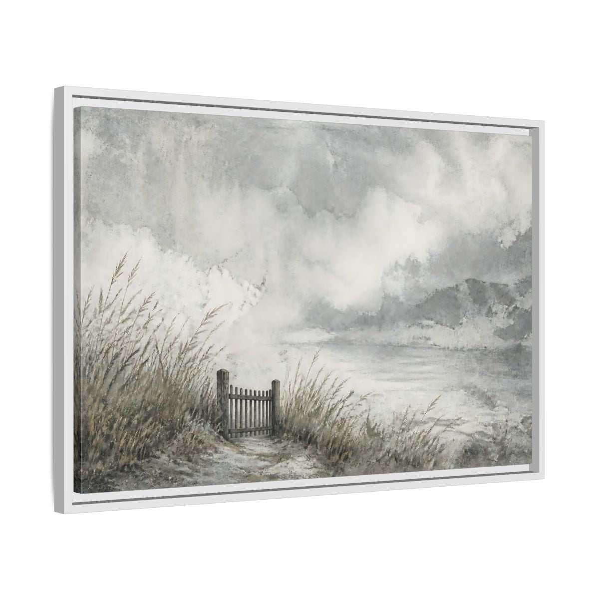 Side Mockup 10. Seaside Gate In Mist shown as framed canvas print