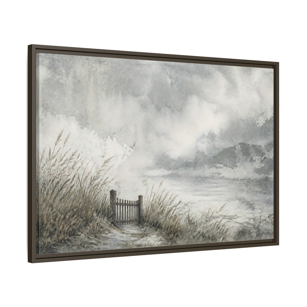 Main Mockup. Seaside Gate In Mist shown as framed canvas print