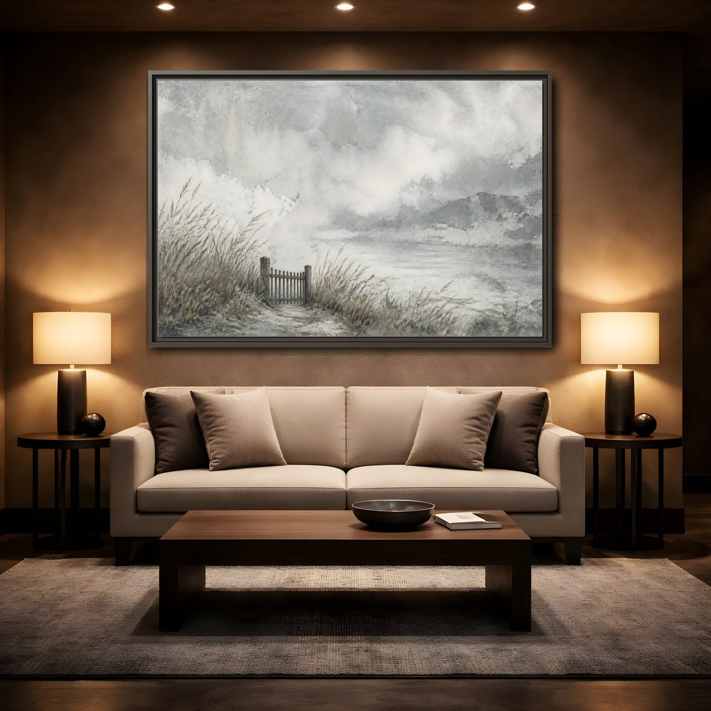 Mockup 2. Seaside Gate In Mist shown as framed canvas print