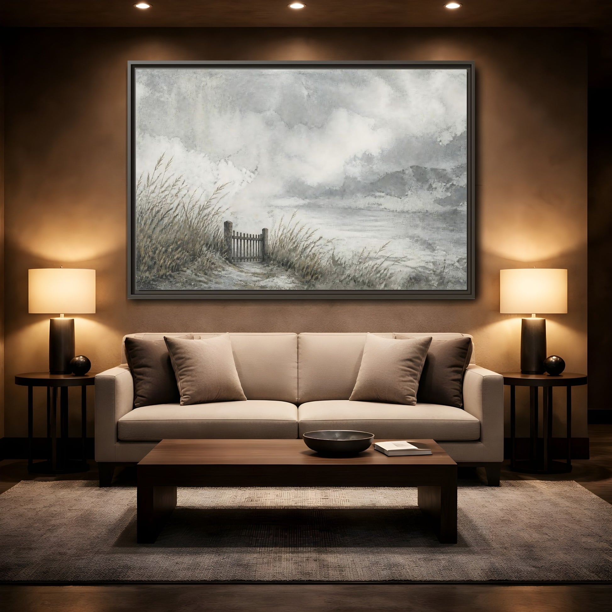 Mockup 2. Seaside Gate In Mist shown as framed canvas print