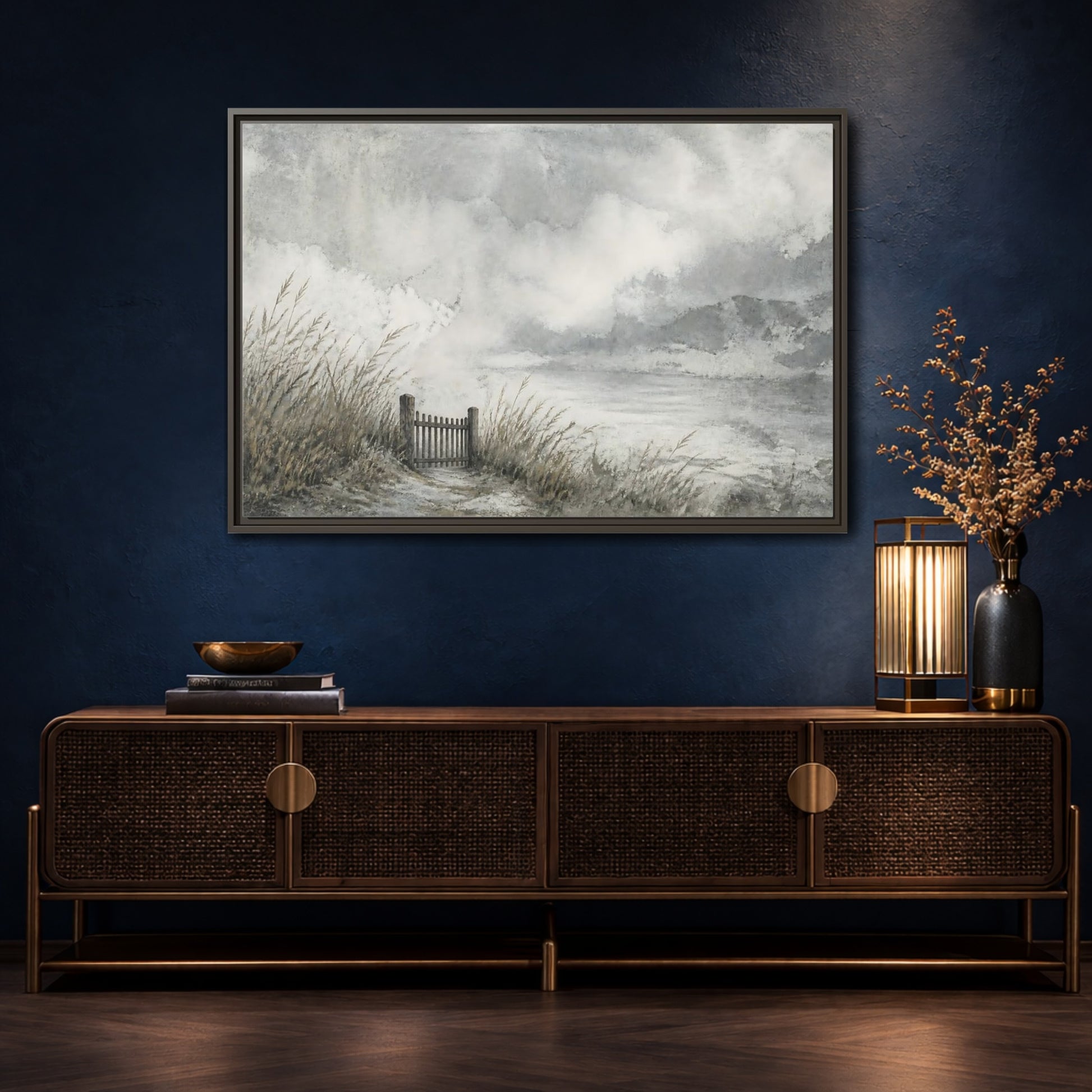Mockup 4. Seaside Gate In Mist shown as framed canvas print