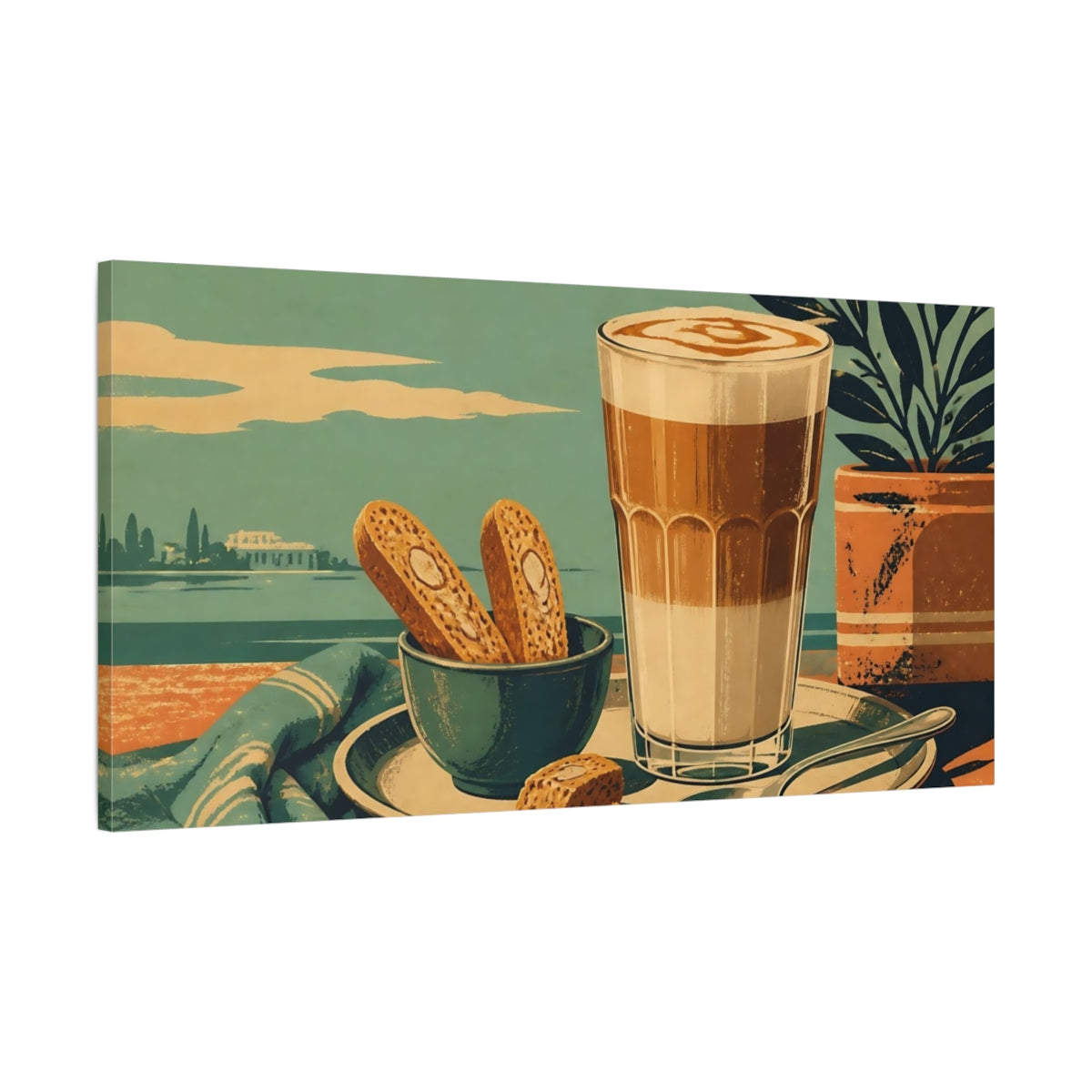 Main Mockup. Seaside Latte With Biscotti shown as canvas print