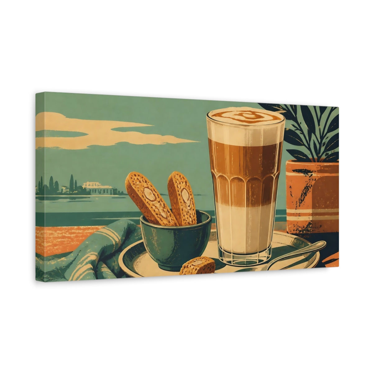 Side Mockup 3. Seaside Latte With Biscotti shown as canvas print