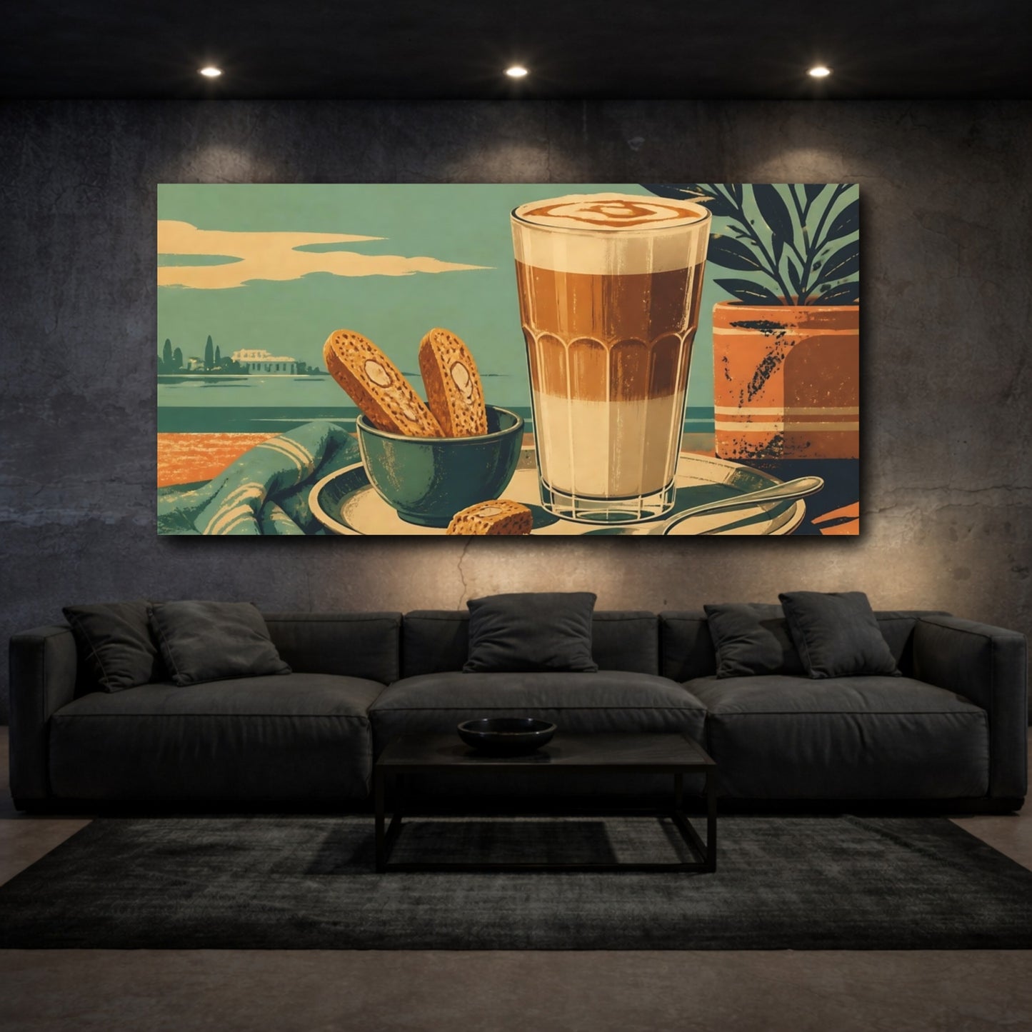 Mockup 3. Seaside Latte With Biscotti shown as canvas print