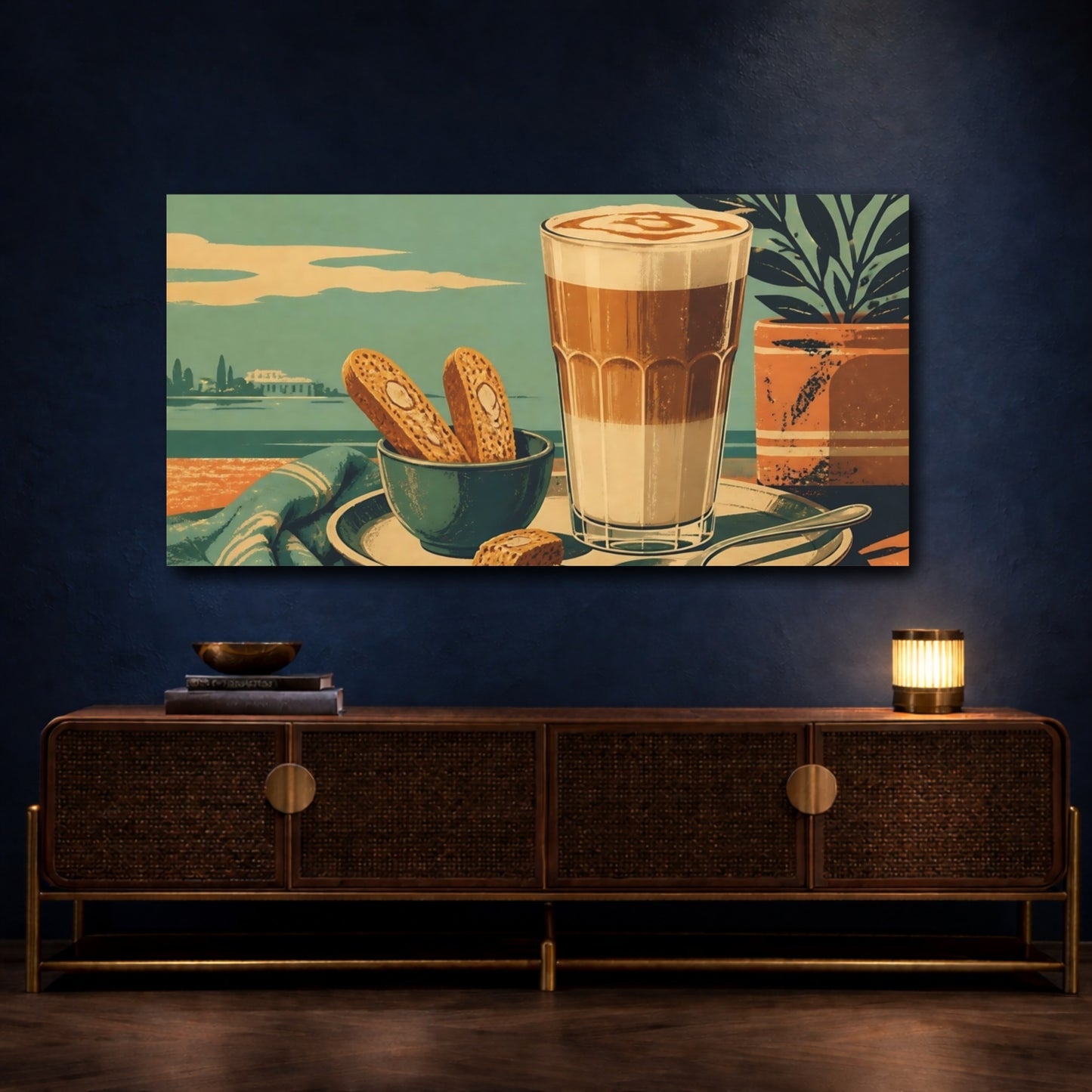 Mockup 4. Seaside Latte With Biscotti shown as canvas print