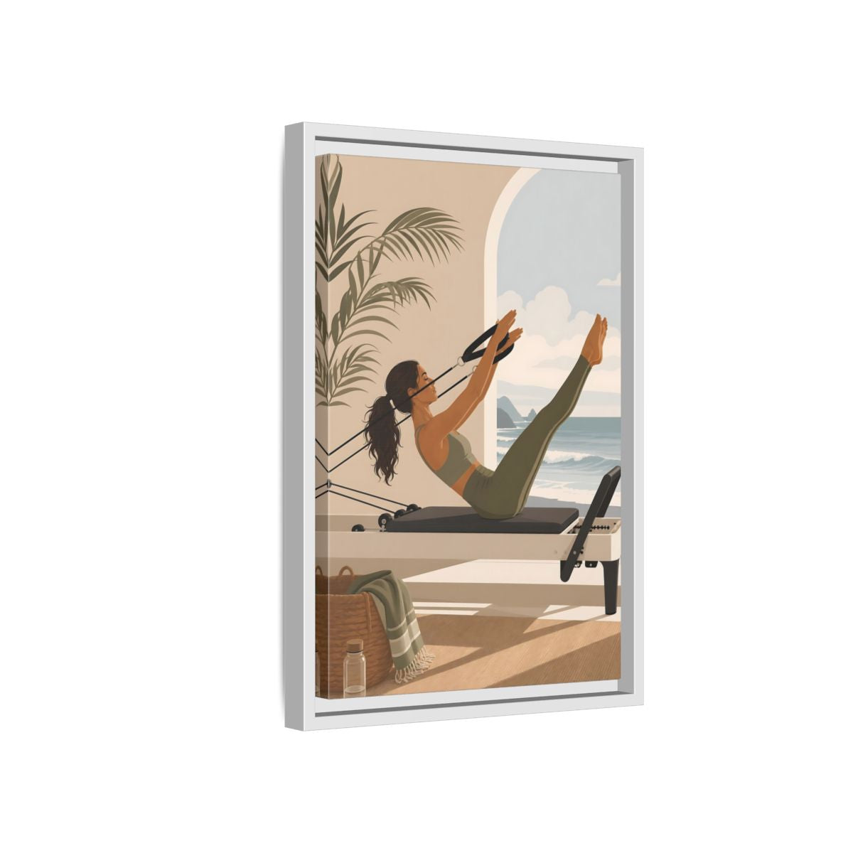 Side Mockup 4. Seaside Pilates Session shown as framed canvas print