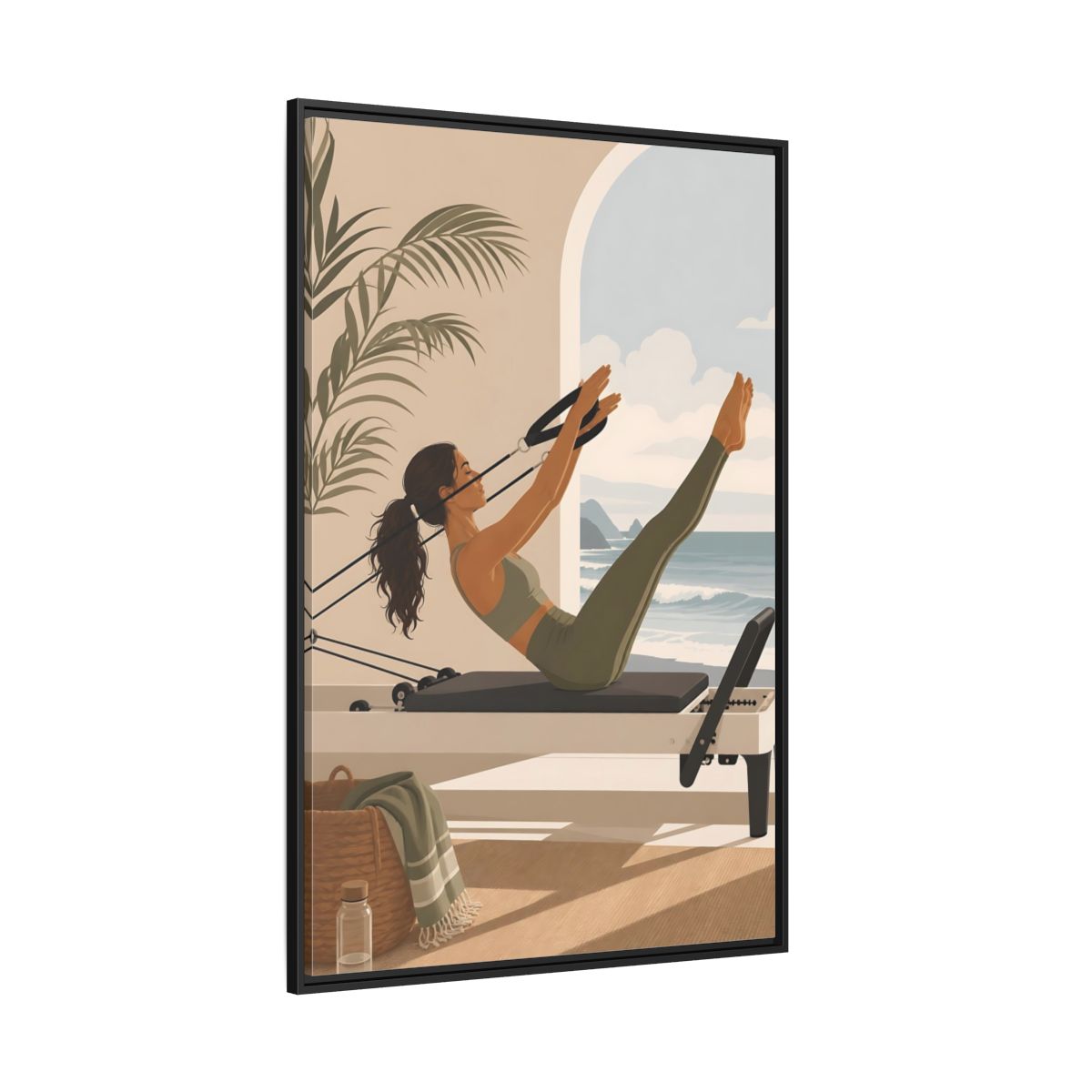 Side Mockup 12. Seaside Pilates Session shown as framed canvas print