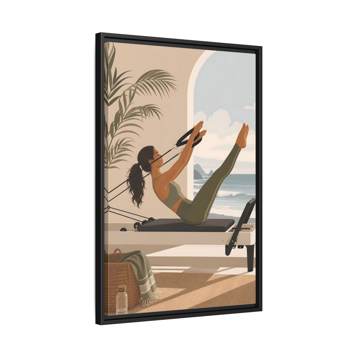 Side Mockup 14. Seaside Pilates Session shown as framed canvas print