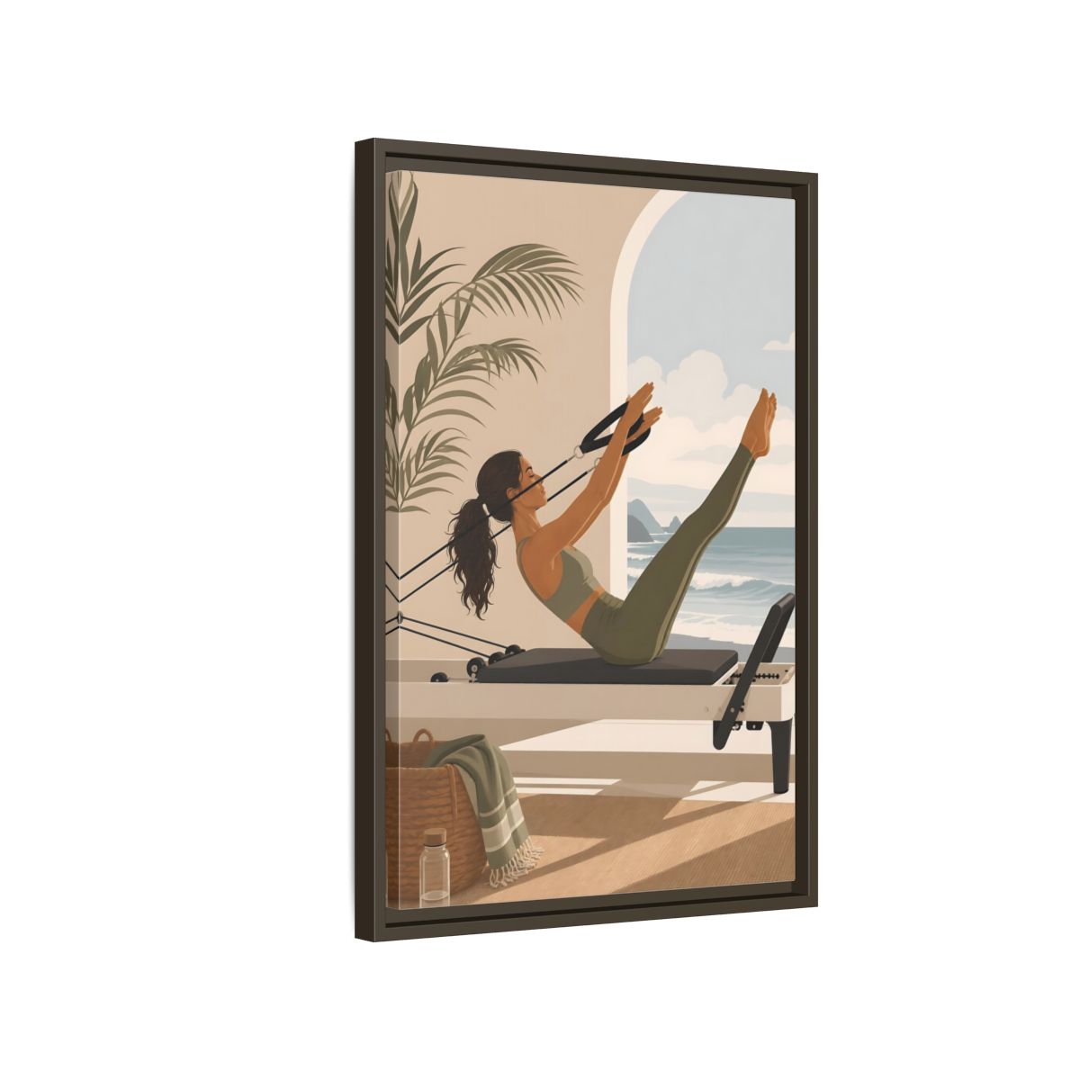 Side Mockup 2. Seaside Pilates Session shown as framed canvas print