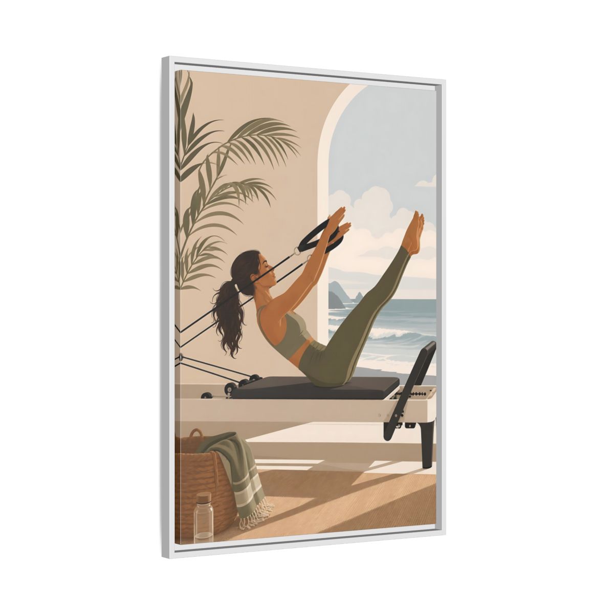 Side Mockup 9. Seaside Pilates Session shown as framed canvas print