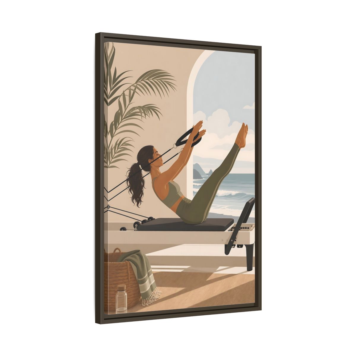 Side Mockup 11. Seaside Pilates Session shown as framed canvas print