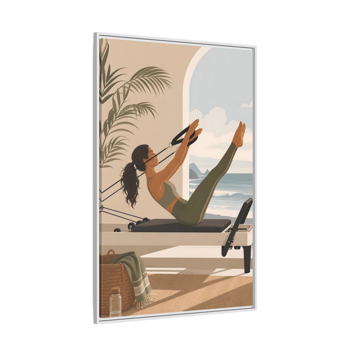 Side Mockup 7. Seaside Pilates Session shown as framed canvas print