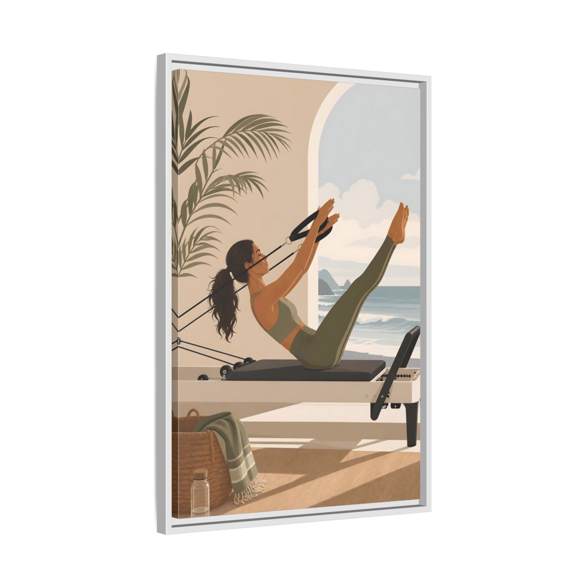 Side Mockup 10. Seaside Pilates Session shown as framed canvas print