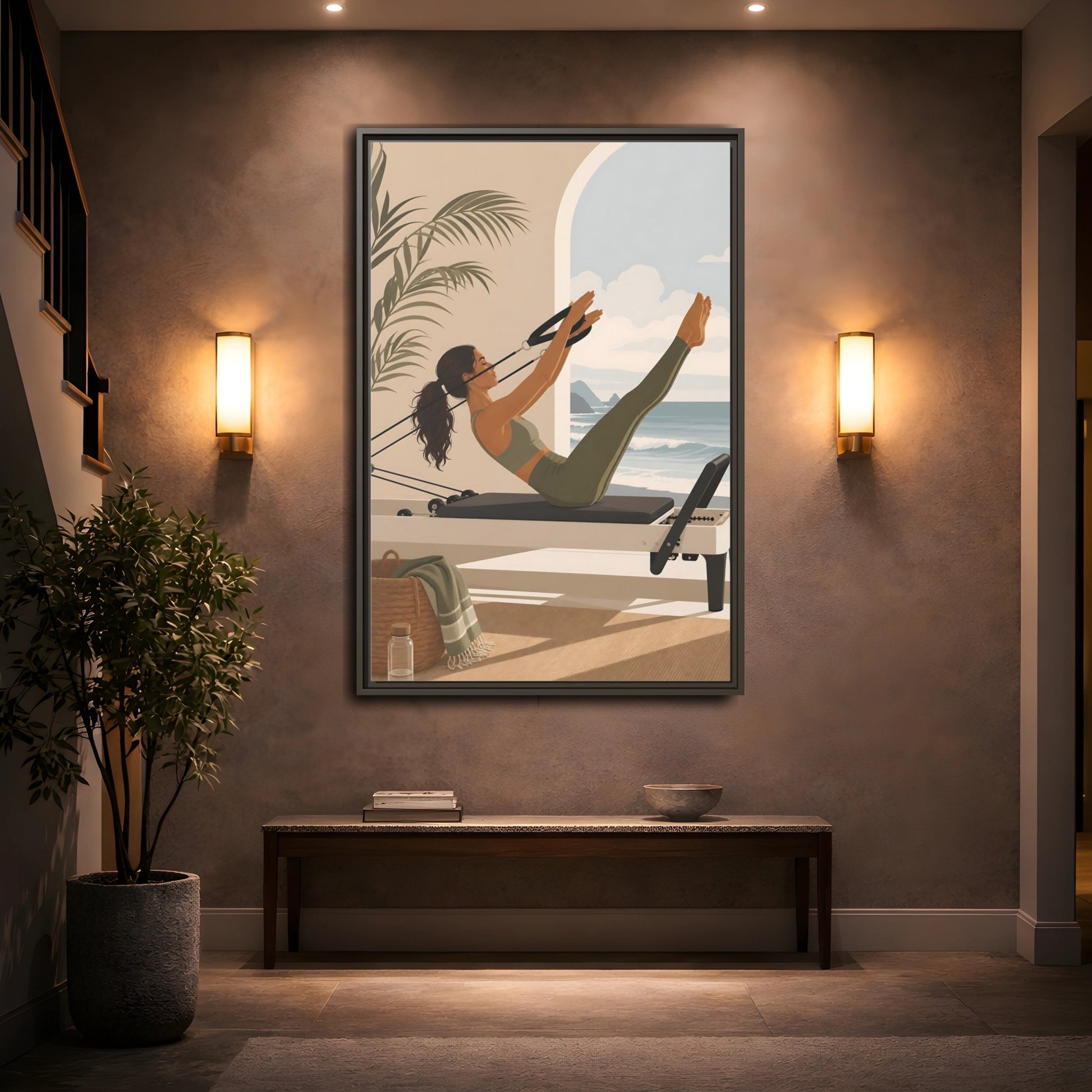 Mockup 2. Seaside Pilates Session shown as framed canvas print