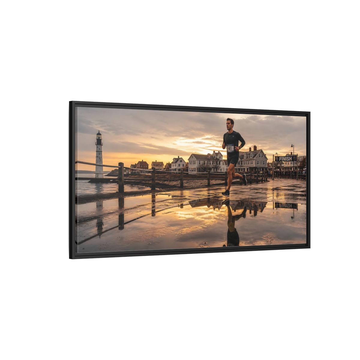 Side Mockup 5. Seaside Sunset Runner shown as framed canvas print