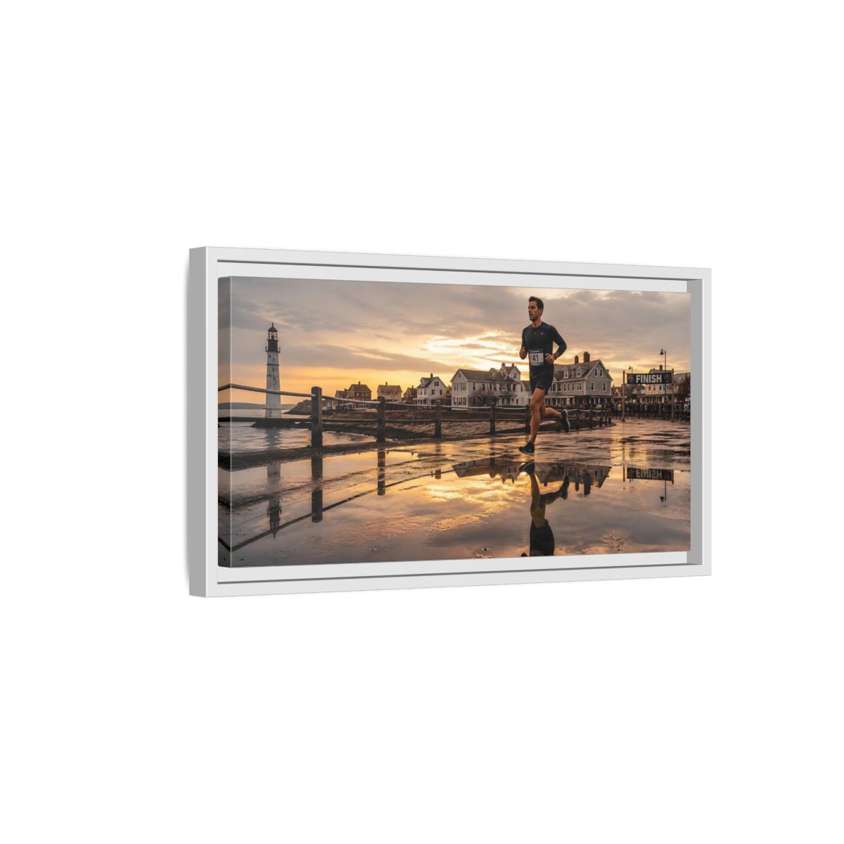 Side Mockup 6. Seaside Sunset Runner shown as framed canvas print