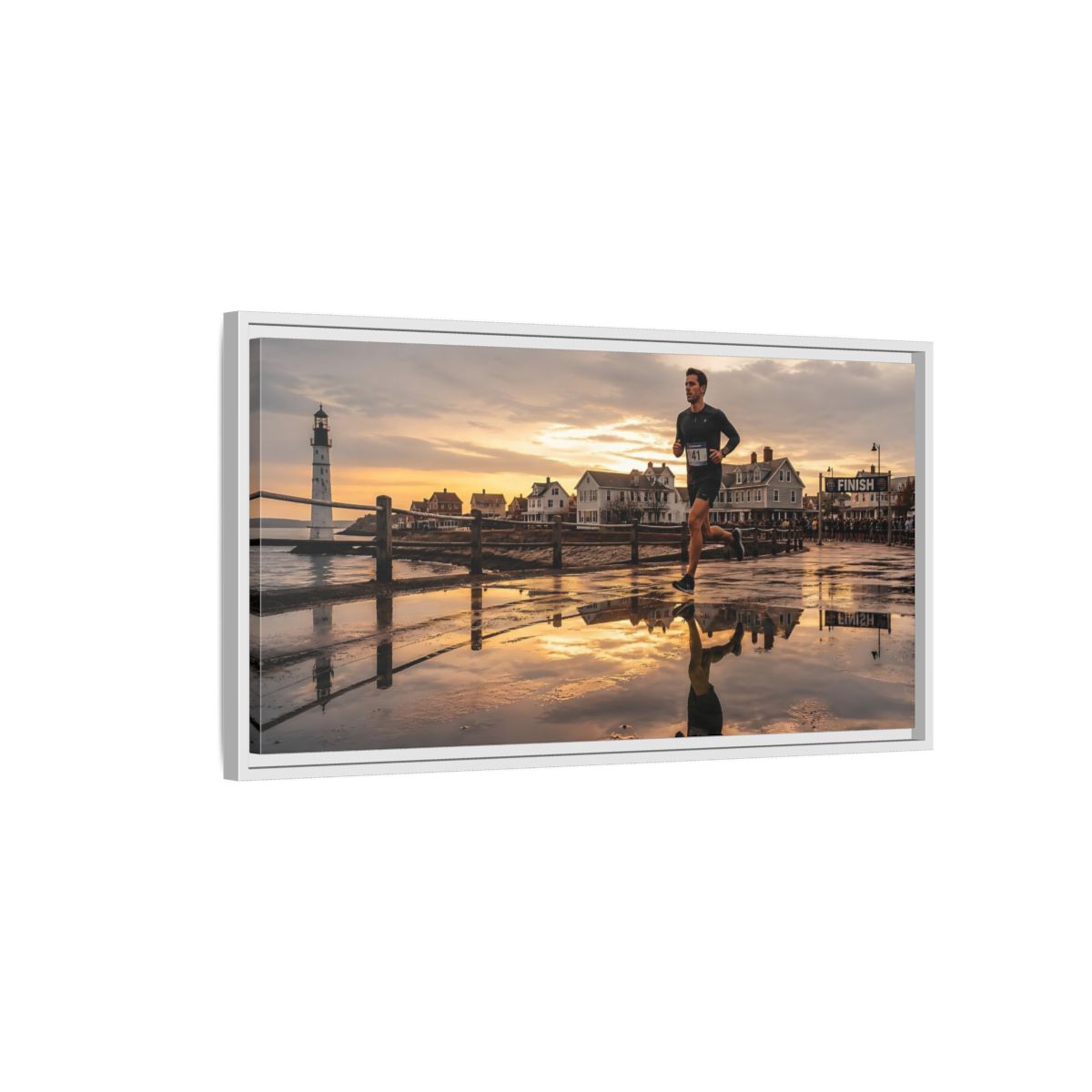Side Mockup 1. Seaside Sunset Runner shown as framed canvas print