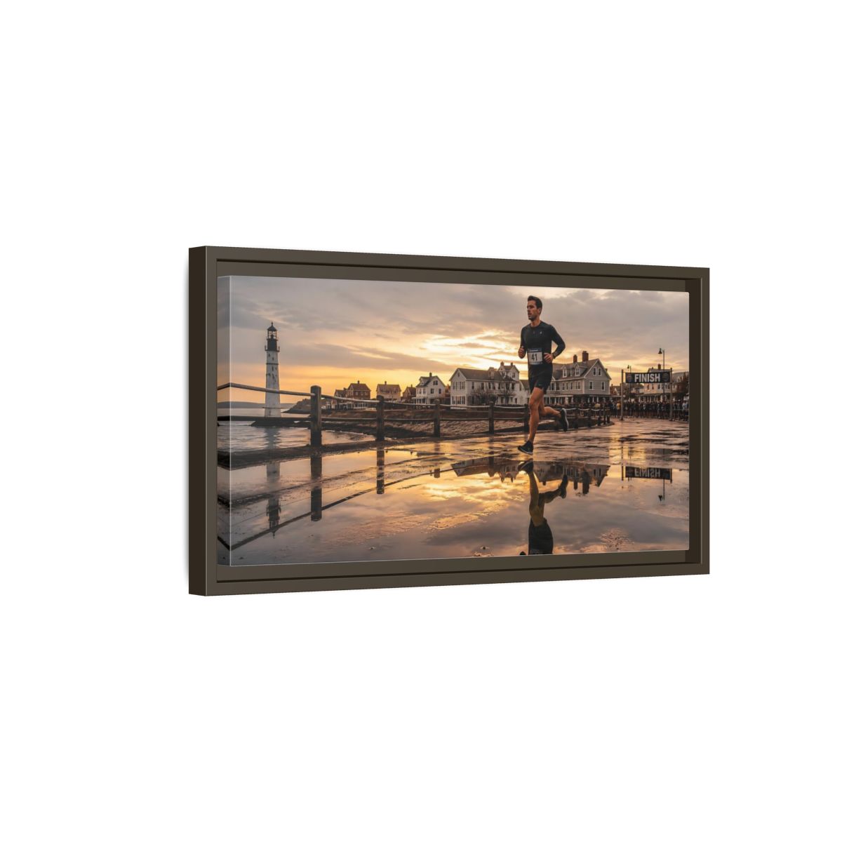 Side Mockup 7. Seaside Sunset Runner shown as framed canvas print