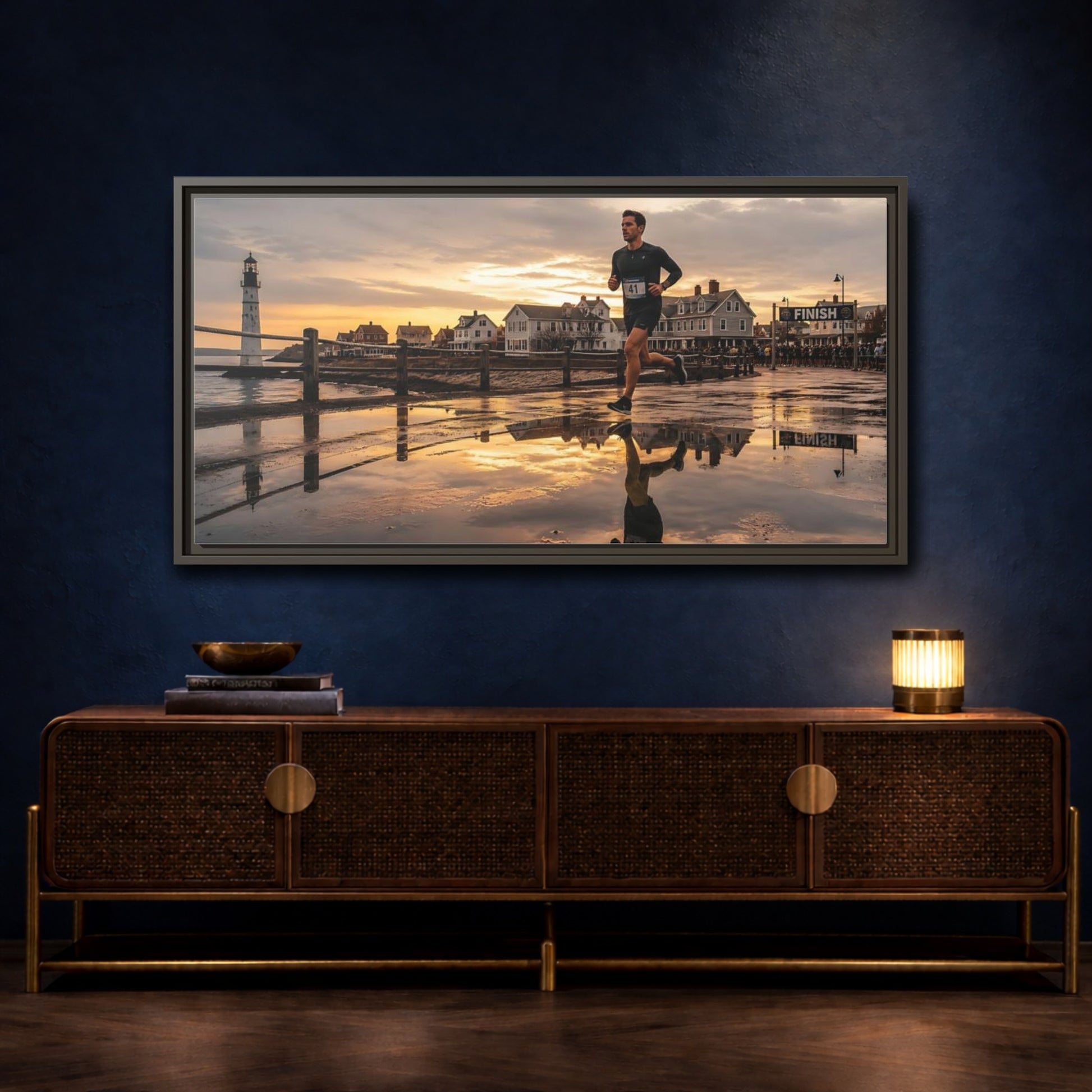 Mockup 4. Seaside Sunset Runner shown as framed canvas print