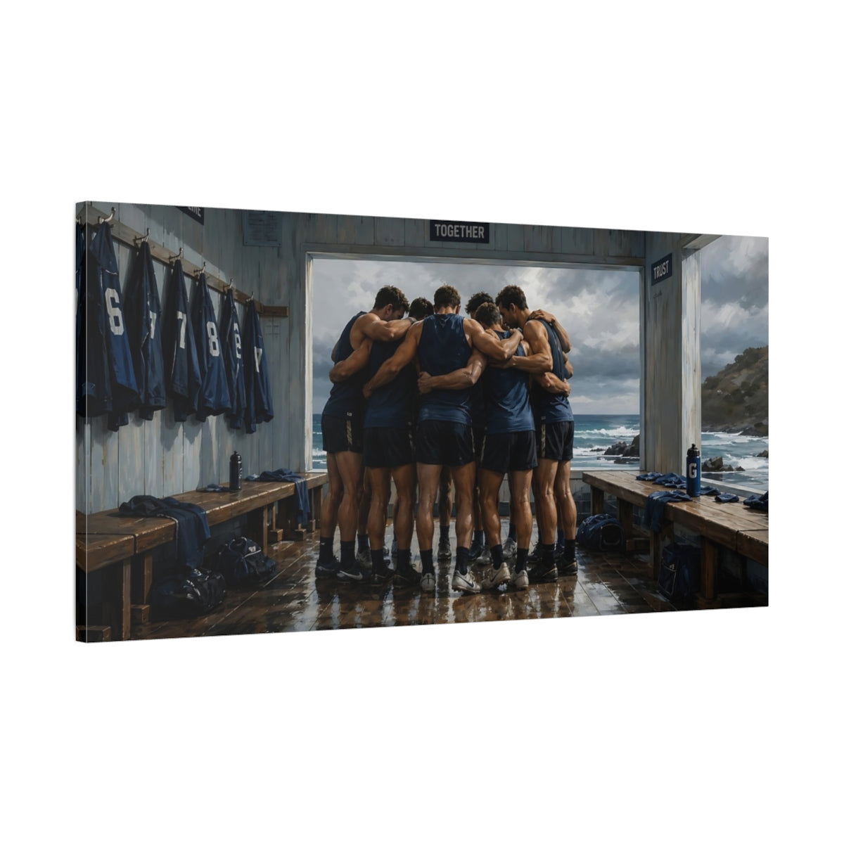 Main Mockup. Seaside Team Huddle shown as canvas print