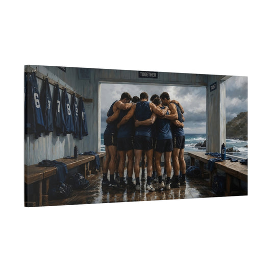 Main Mockup. Seaside Team Huddle shown as canvas print