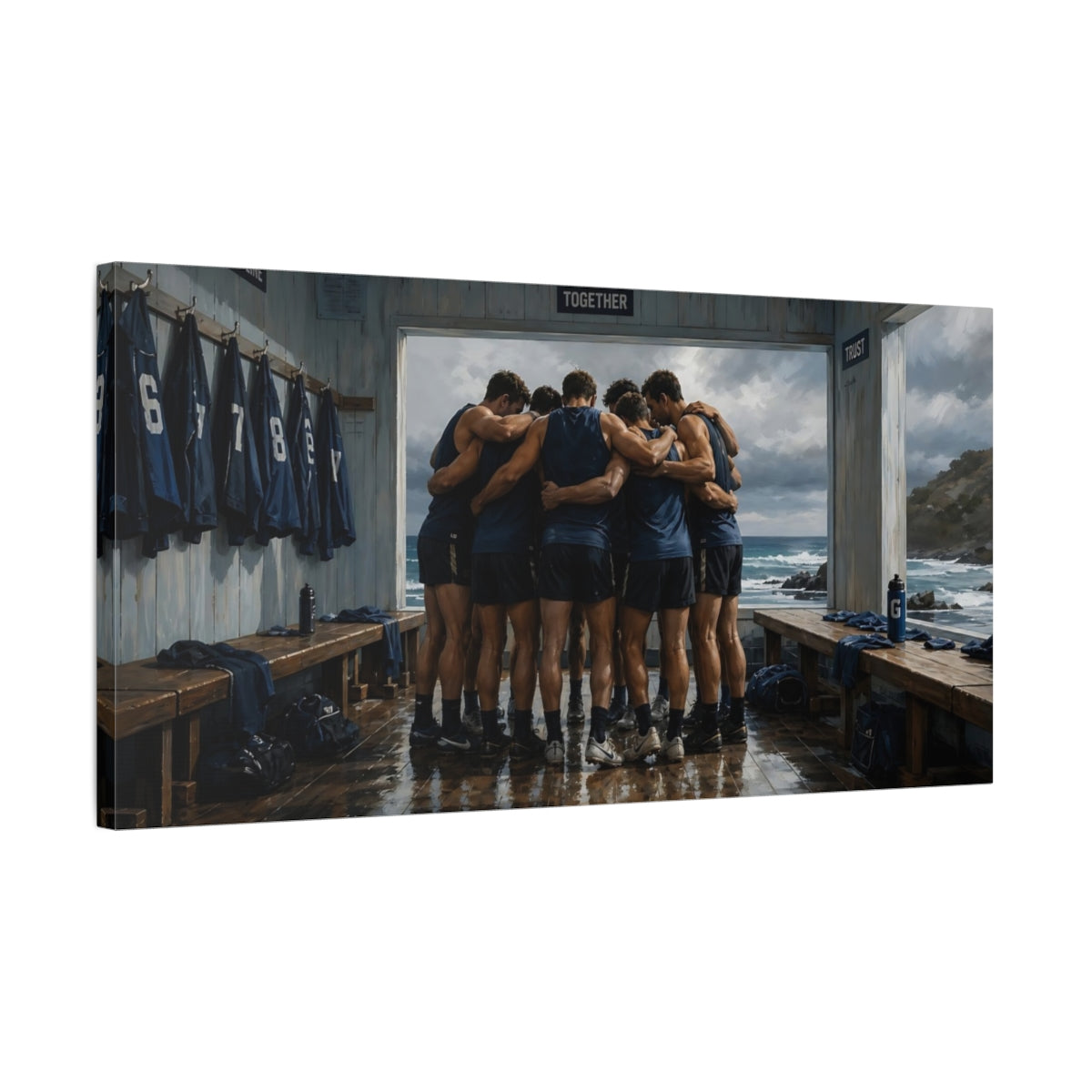 Side Mockup 1. Seaside Team Huddle shown as canvas print