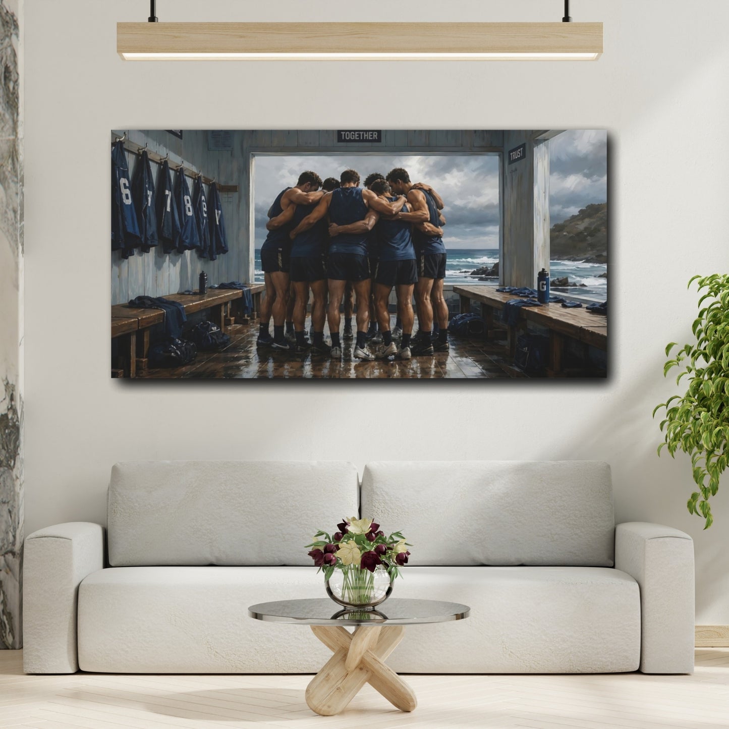 Mockup 2. Seaside Team Huddle shown as canvas print