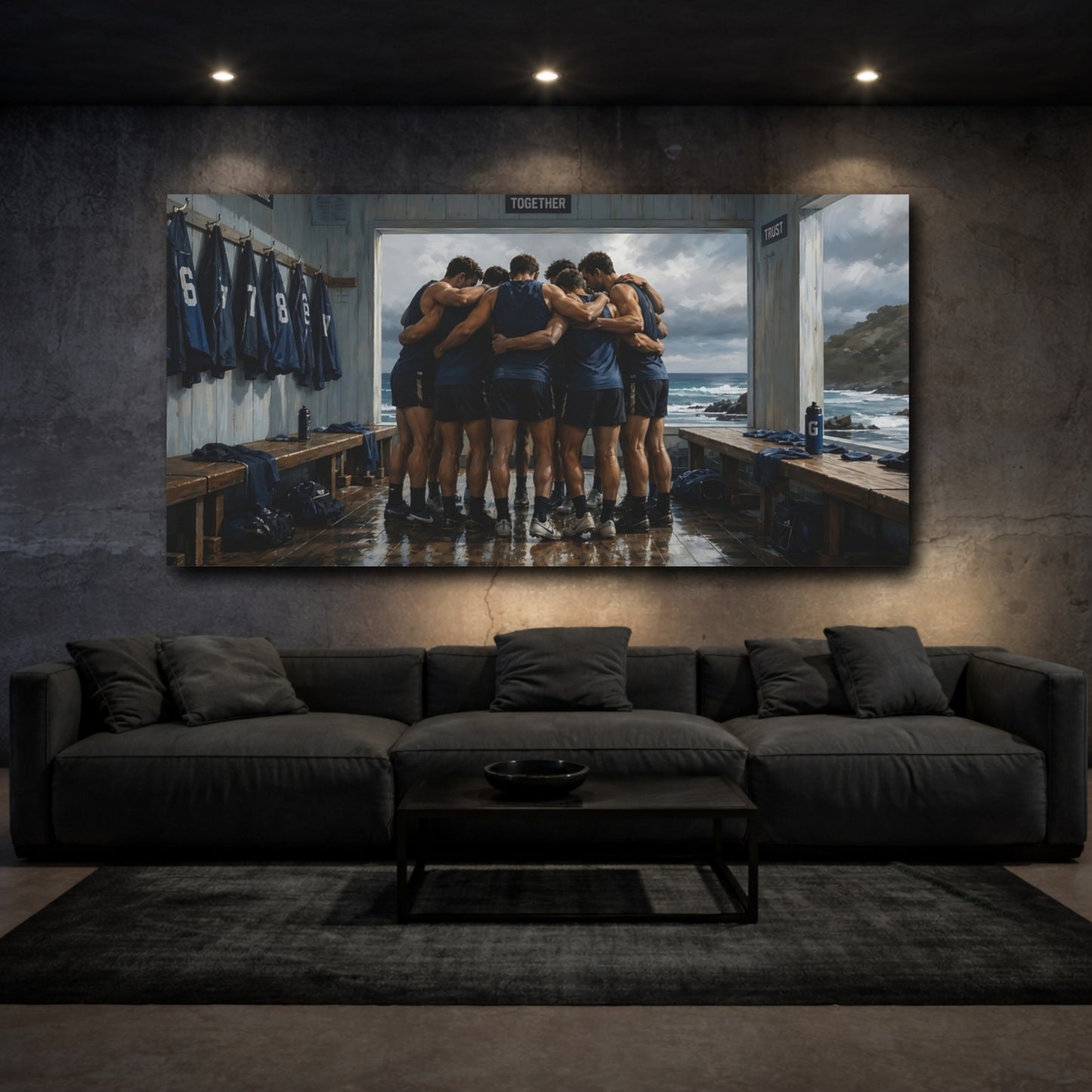 Mockup 3. Seaside Team Huddle shown as canvas print