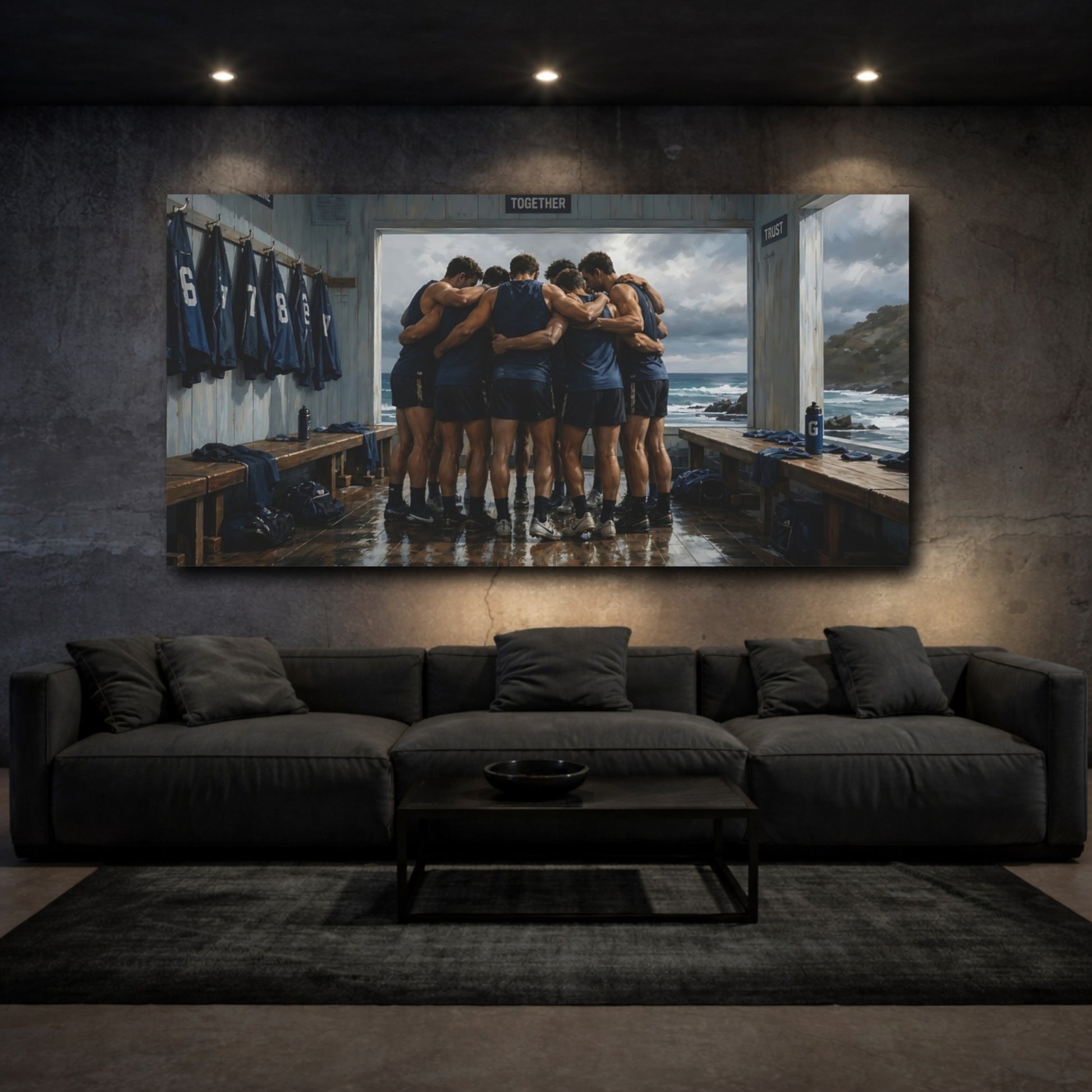 Mockup 3. Seaside Team Huddle shown as canvas print