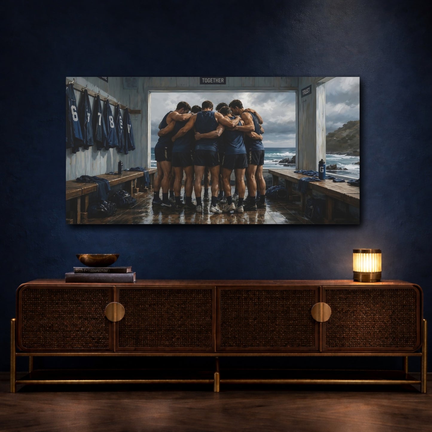 Mockup 4. Seaside Team Huddle shown as canvas print