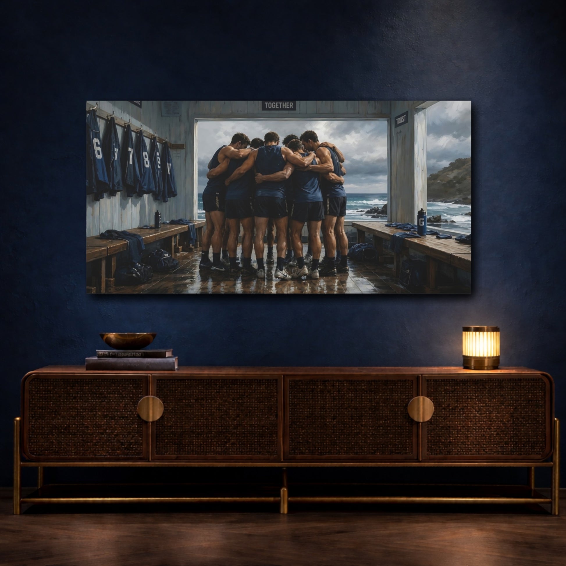 Mockup 4. Seaside Team Huddle shown as canvas print