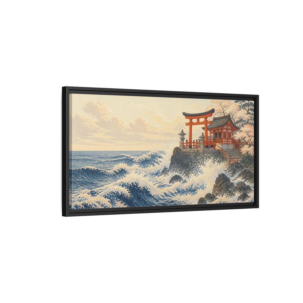 Side Mockup 2. Seaside Torii And Waves shown as framed canvas print