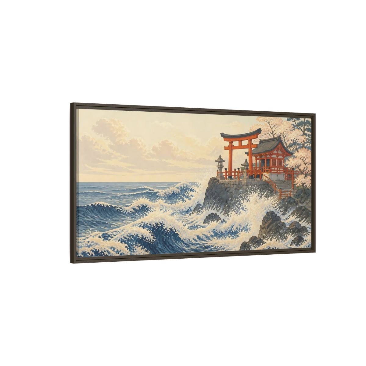 Side Mockup 4. Seaside Torii And Waves shown as framed canvas print