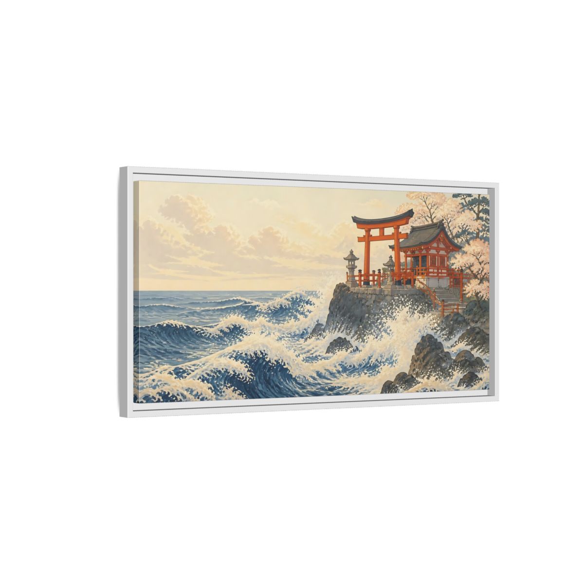 Side Mockup 1. Seaside Torii And Waves shown as framed canvas print
