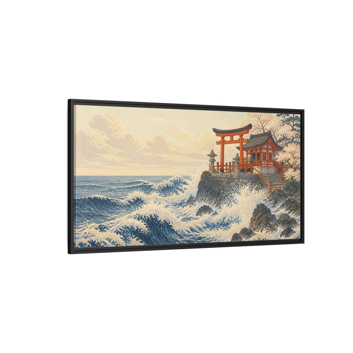 Side Mockup 5. Seaside Torii And Waves shown as framed canvas print