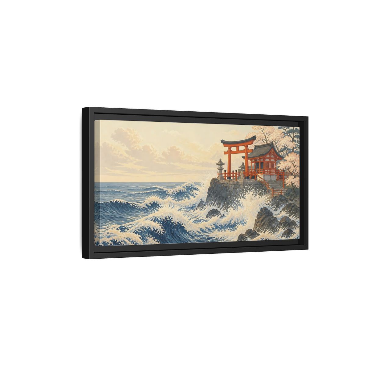 Side Mockup 8. Seaside Torii And Waves shown as framed canvas print